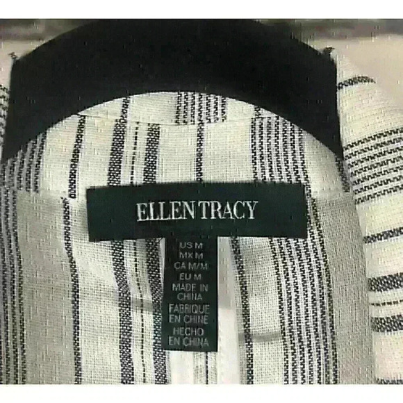 NWT Ellen Tracy Women Sz M White Black Striped Long Sleeve 1 Button Blazer Linen - Picture 3 of 7